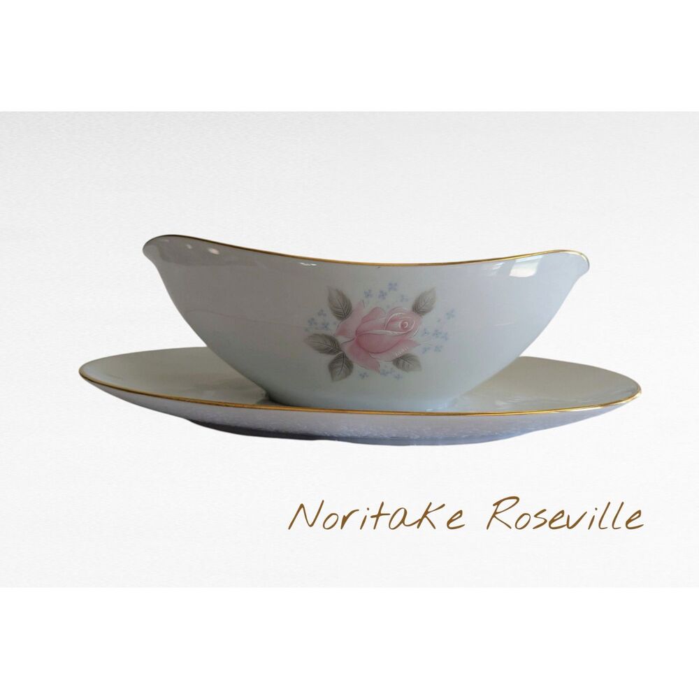 Vtg  Noritake Roseville China gravy boat with an attached underplate.
